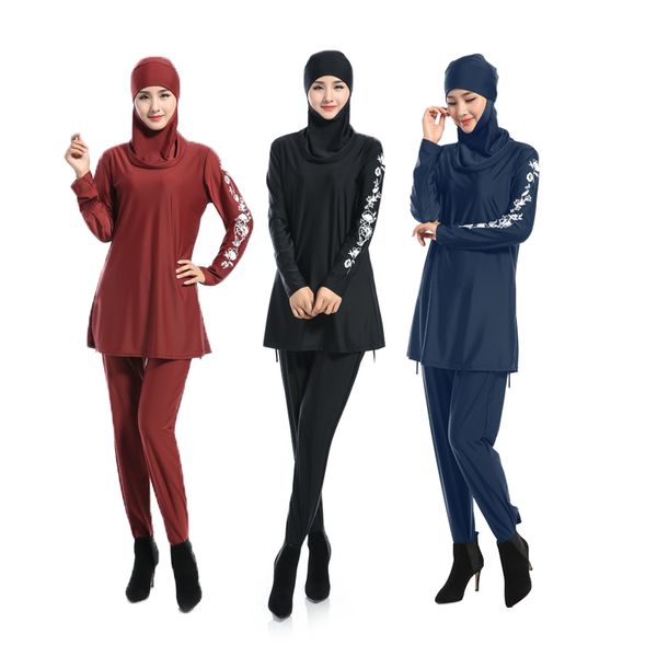 

modest swimwear women hijab long sleeves printed pants 3 pieces set sport swimsuit full cover islamic burkinis bathing suit
