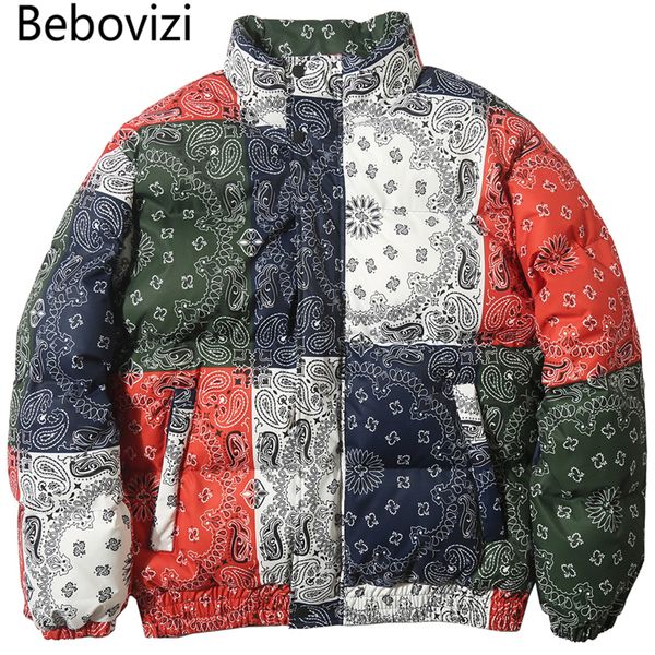 

bebovizi harajuku cashew flowers print thick padded parkas color block patchwork cotton streetwear hip hop puffer parka jackets, Black