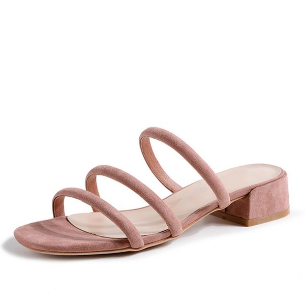 

women slippers chunky heel shoes woman summer ladies slides mid heels narrow band fashion slip on female shoes new 2020, Black