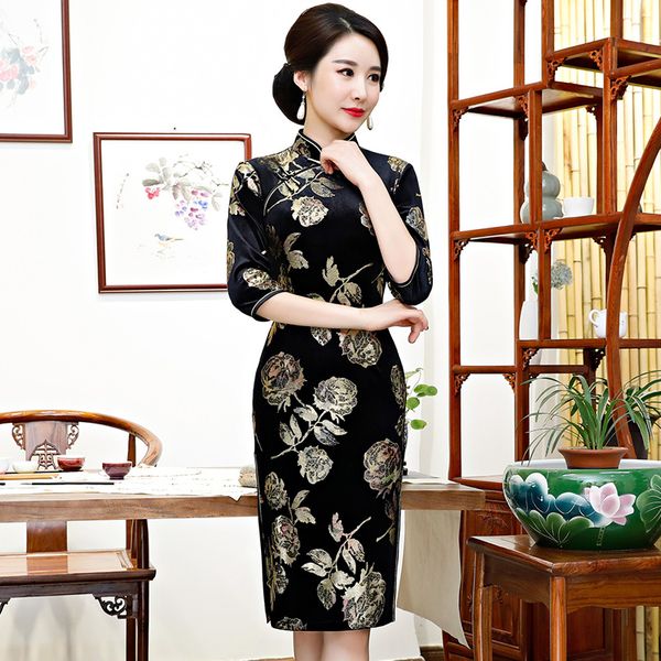 

2019 knee length cheongsam fashion chinese style dress womens spring velour qipao slim party dresses lady button vestido s-5xl, Black;gray