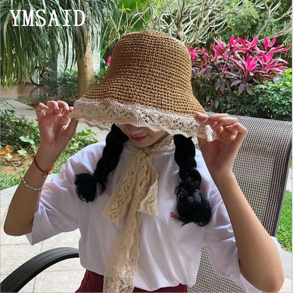

ymsaid fashion women summer wide brim sun hat handmade lace ribbon bow straw hats collapsible women's girl seaside beach cap, Blue;gray