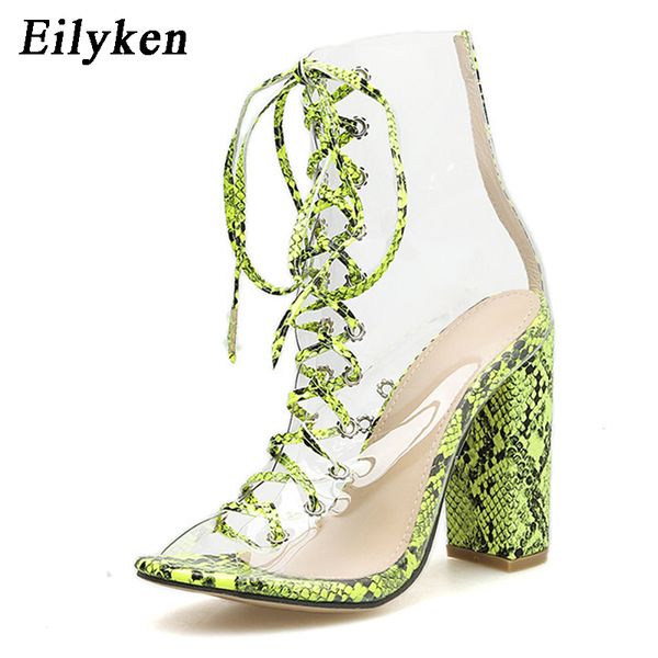 

eilyken fashion fluorescent green serpentine transparent high heels ankle women boots cross tied peep toe boots ladies shoes, Black