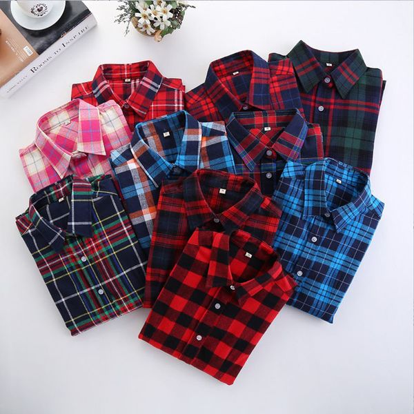 

women blouse and shirt 2019 spring cotton flannel plaid shirt long sleeve office lady red black cotton blusas plus size 5xl, White