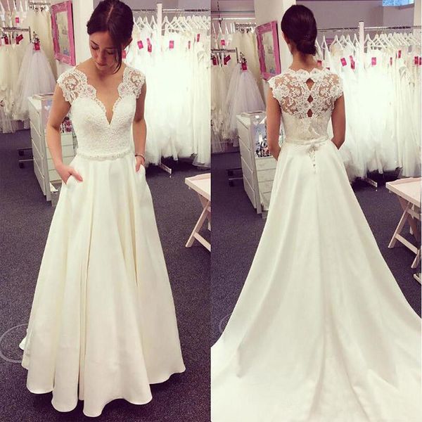 

simple elegant satin wedding dresses with pockets v neck lace appliqued boho bridal gowns beach bohemia bridal dresses, White