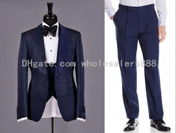 

men suits navy blue pattern groom tuxedos shawl satin lapel groomsmen wedding man( jacket+pants+vest+tie ) c764, White;black