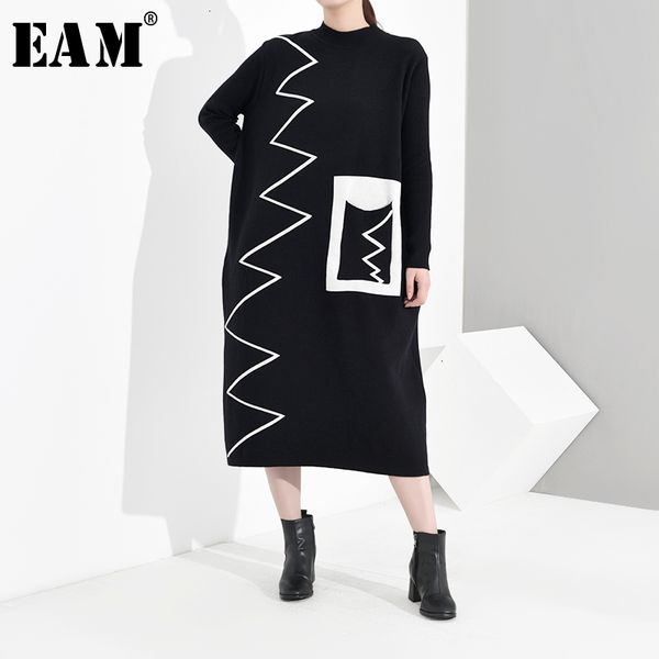 

eam] women pattern print split big size knitting dress new turtleneck long sleeve loose fit fashion spring autumn 2019 1d1650, Black;gray