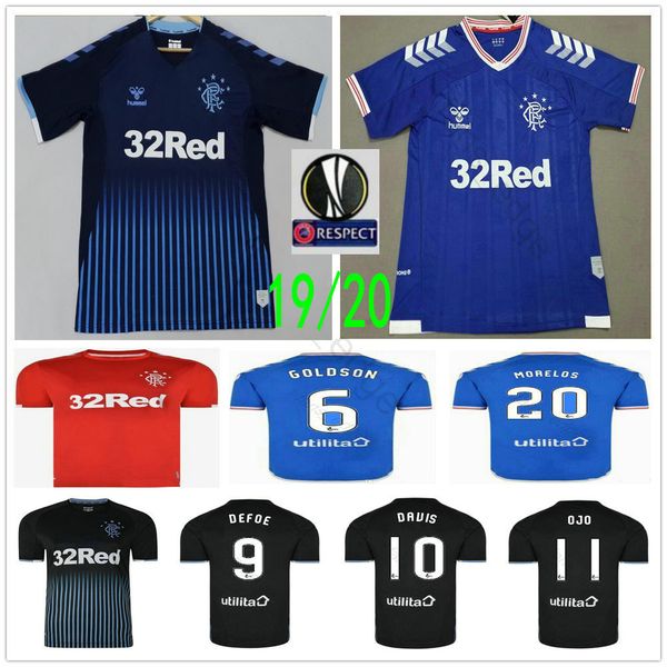 

2019 2020 glasgow rangers soccer jerseys 20 morelos 10 dorrans 9 defoe davis goldson windass custom home away and kids football shirt, Black;yellow