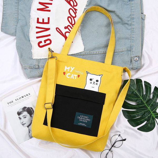 

canvas bag with pocket single shoulder bag cartoon cat shopping korean style student lovely totes casual book