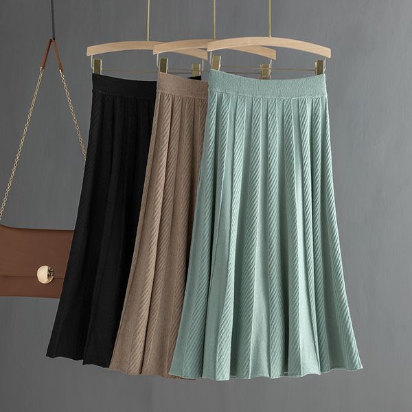 

thick warm women pleated skirts autumn winter elastic high waist knitted sweater skirts long a line midi black skirt