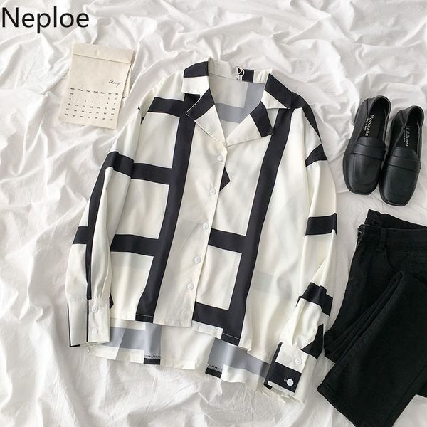

neploe chiffon blouse contrast color long sleve turn down collar women shirt 2020 spring new single breasted split blusas 59192, White