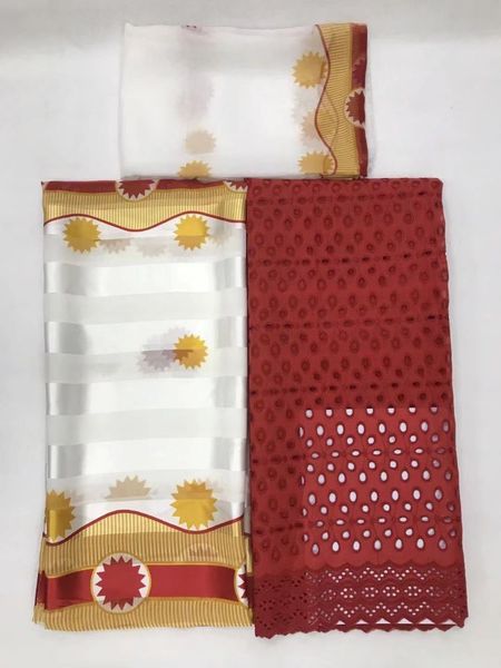 2,5 Yards Top-Verkauf roter afrikanischer Baumwollstoff und 2,5 Y + 2 Yards glattes koreanisches Chiffon-Seidenspitzenmaterial für Kleid LG12-3