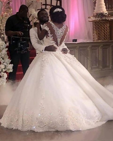 

sparkly diamonds sequins wedding dress plus size gorgeous ball gown sheer neck cap sleeve flower lace bridal gowns custom size, White