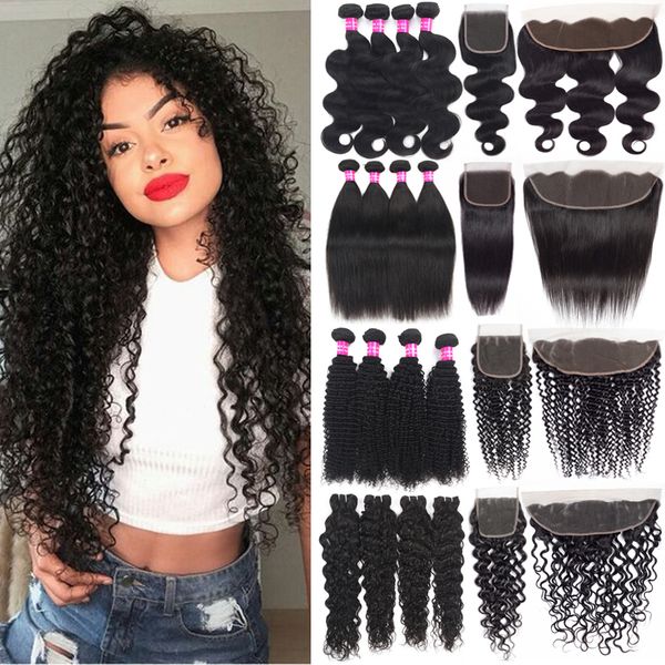 

brazilian kinky curly virgin hair ear to ear lace frontal closure with bundles 100% unprocessed human hair extension wefts with lace closure, Black