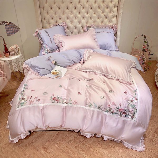 Chic Embroidery Tencel Silk Bedding Set Pink White Ruffles Edge