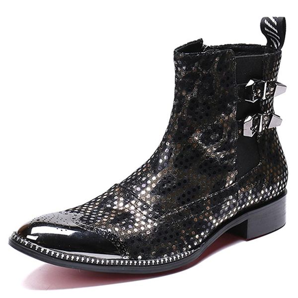 

men's fashion martin boots cowboy knight western motorcycle full grain leather casual british booties ankle metallic toe performance sh, Black
