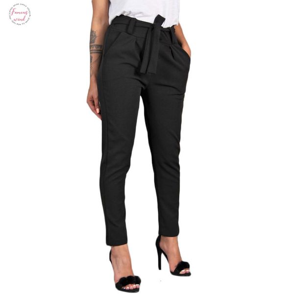 

high women waist pants bandage elastic waist solid casual long pencil pants women office lady clothes, Black;white