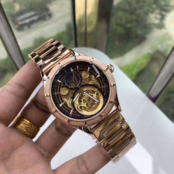 

business men's fashion men's watch leather strap stainless steel strap tourbillon mechanical men's watches, Slivery;brown