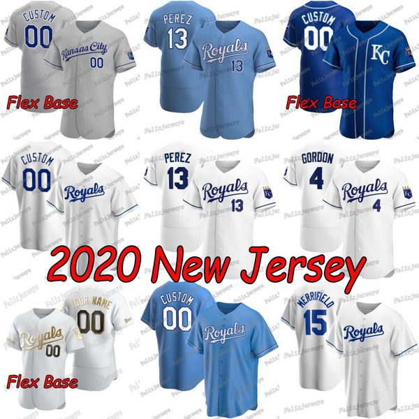 

2020 new 13 salvador perez whit merrifield adalberto mondesi alex gordon jorge soler hunter dozier mike montgomery ian kennedy jersey, Blue;black