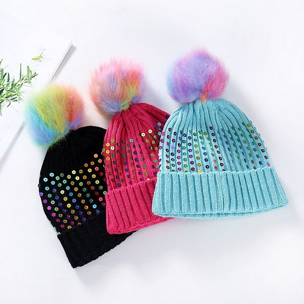 

3 colors fashion winter beanie hats girl pompom cap sequined knitted hairball warm hat outdoor windproof beanies with beads wholesale jy781, Yellow