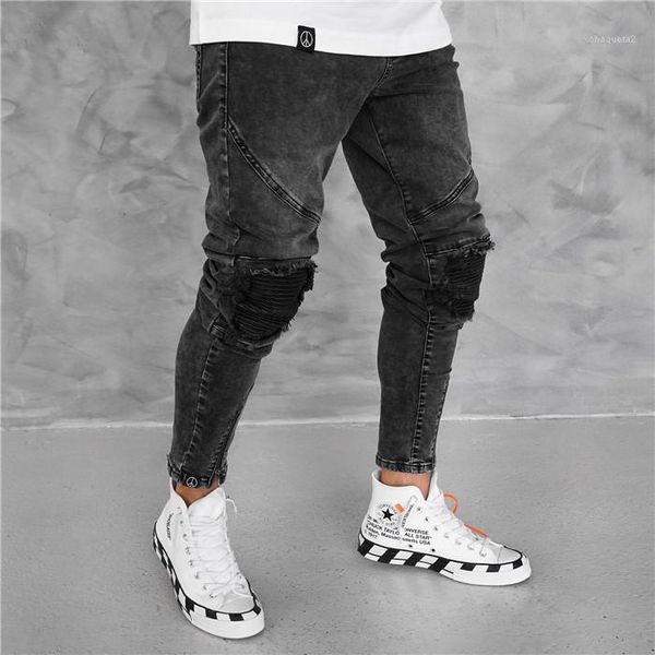 

pencil pants fashion black summer casual mid waist mens jeans mens popular vintage zipper hole burrs, Blue