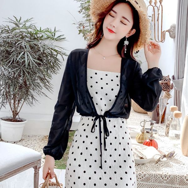 

women lace up perspective shirt chiffon kimono cardigan loose long sleeve short blouse summer cover up beach plus size, White