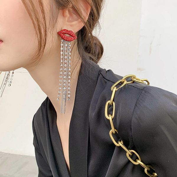 

aensoa trendy shiny full crystal tassel red lips dangle earring korean rhinestone red mouth chain long tassel earrings for women, Silver
