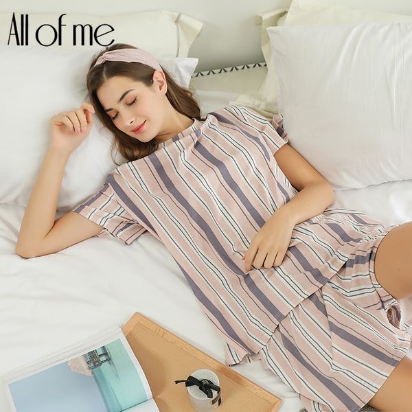

striped design short sleeve shorts pajama set fashion spring round neck pijamas women summer cotton sleepwear, Blue;gray