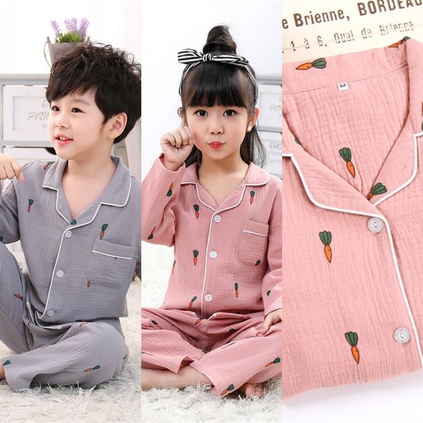 

9ds6h a family of trousers home clothes four pure cotton pajamas women's long-sleeved trousers cotton gauze suit men's large size, Blue;red