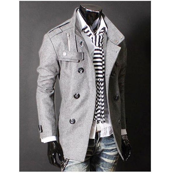 

2018 winter mens brand double-breasted standing collar epaulet wool blends coat windbreaker business casual solid color jacket, Black