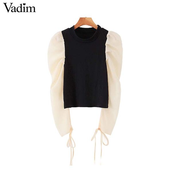 

vadim women sweet organza knitted chic blouse pleated long sleeve o neck stretchy shirt female vintage casual blusas lb554, White