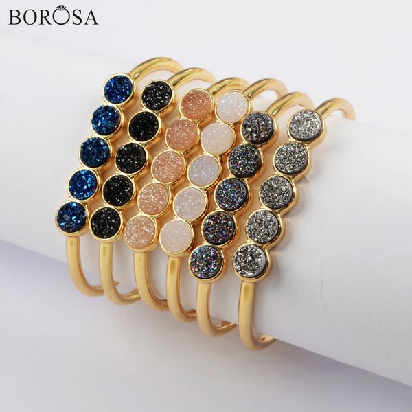 

borosa druzy bangle 3pcs gold bezel five round natural agates druzy titanium rainbow drusy bangle mix colors jewelry zg0423, Black