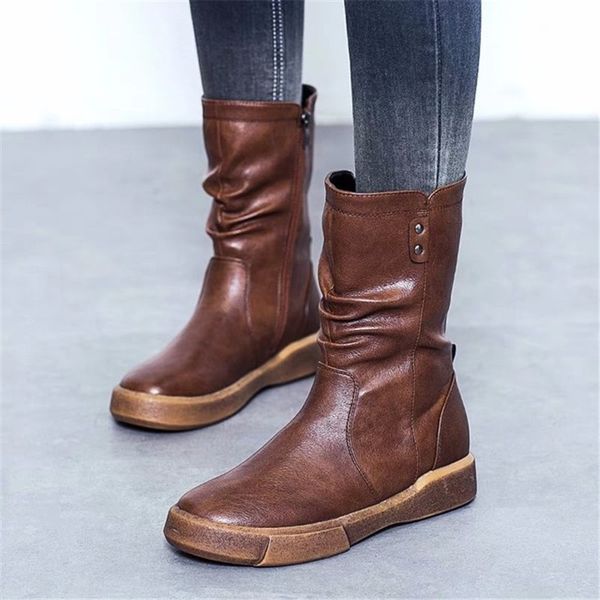 

autumn and winter flat boots 2020 women's casual leather mid boots women's fashion knight botas zapatos de muje, Black