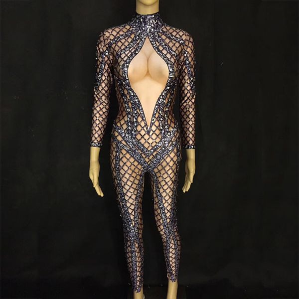 

new women rhinestones nightclub costumes singer black sparkling crystals jumpsuit party stage wear, Black;red