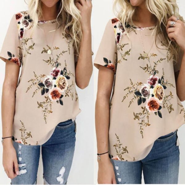 

2018 summer floral print casual blouse round collar shirt floral short sleeve soft plus size blusas femininas, White