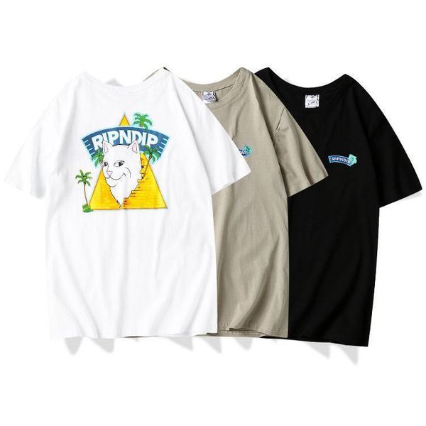 

2020 new fashion brand mens t shirt ripdi low cat cotton short sleeve pyramid cat letter print breathable street sweat shirt, White;black