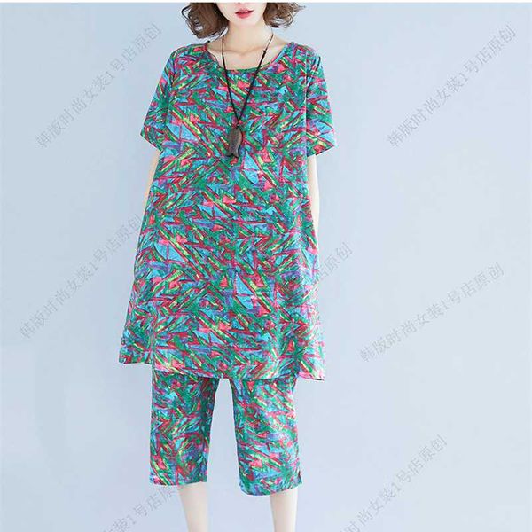 

cotton and linen suit female 2020 summer new large size round neck loose + seven points wide leg pants two-piece tide h0055, White