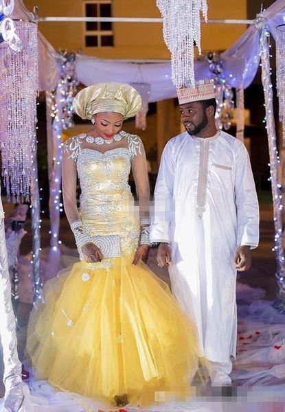 Vestidos de casamento de sereia de ouro estilo nigeriano africano com mangas compridas frisadas trem de varredura plus size vestidos de festa de noiva de2919