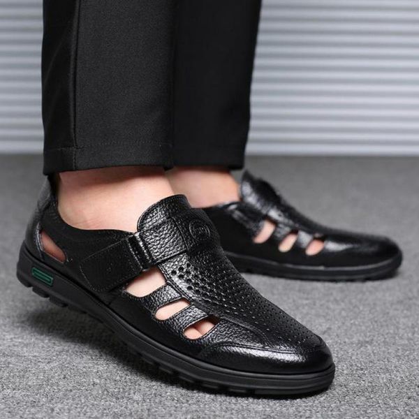

outdoor beach slippers summer men sandals genuine leather cowhide male shoes business casual sandals 2019 fashion roman shoes, Black