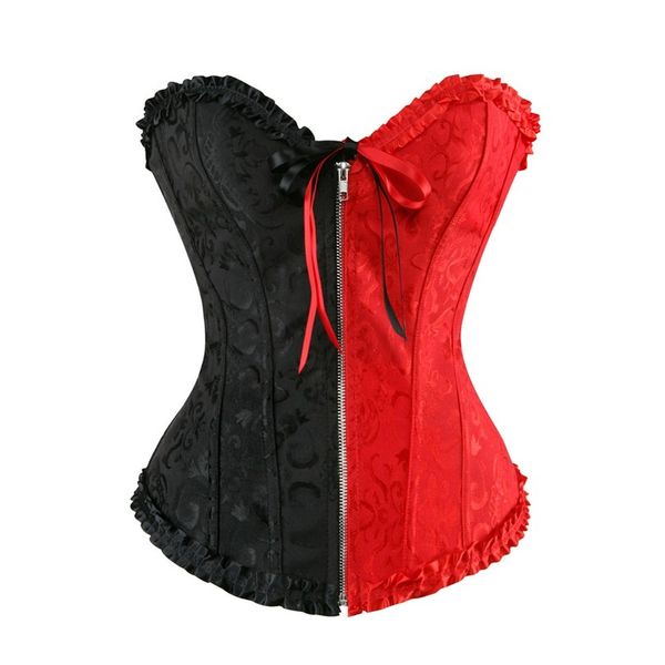

zip front overbust corset lace up boned shaperwear bustier jacquard floral push up clubwear plus size s-6xl, Black;white