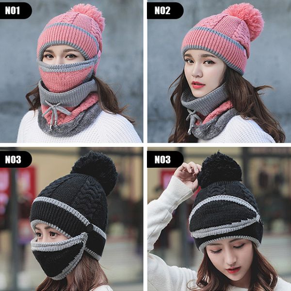 

новый 2019 женщин 3-х частей комплект зимняя шапочка шарф маска теплый короткий плюшевый толстая крышка мягкий трикотаж женский открытый зим, Blue;gray