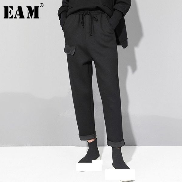 

eam] 2020 new spring autumn high elastic waist drawstring pocket stitc loose harem pants women trousers fashion tide jo134, Black;white