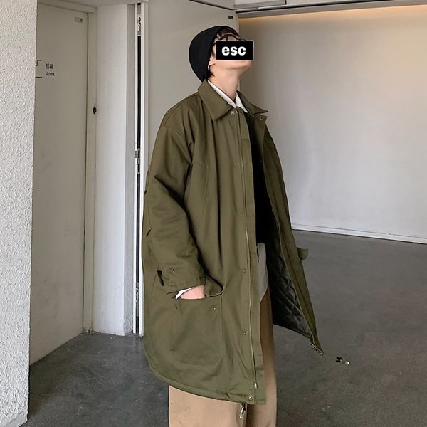 

winter long coat men's warm thick fashion parka men solid color tool coat man streetwear wild loose cotton jacket men clothes, Black