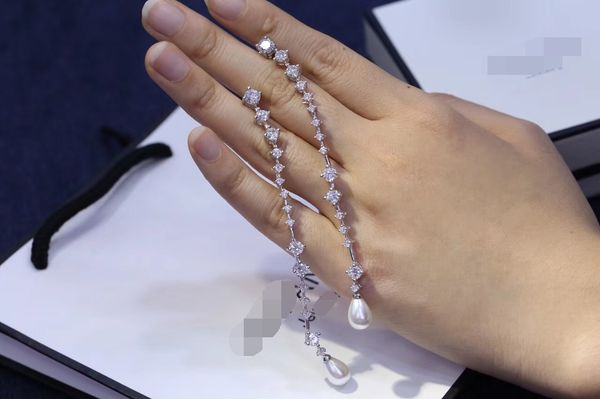 

fashion-femme wedding party 2017 925 sterling silver long pearl dangle earrings jewelry 3a zirconia oorbellen for women