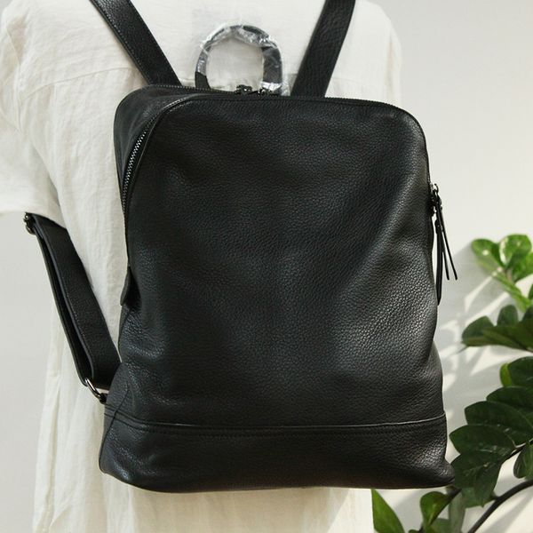 

wohenred double zipper backpack women soft genuine leather 14'' lapbackpack black school bags for girls lady travel knapsack