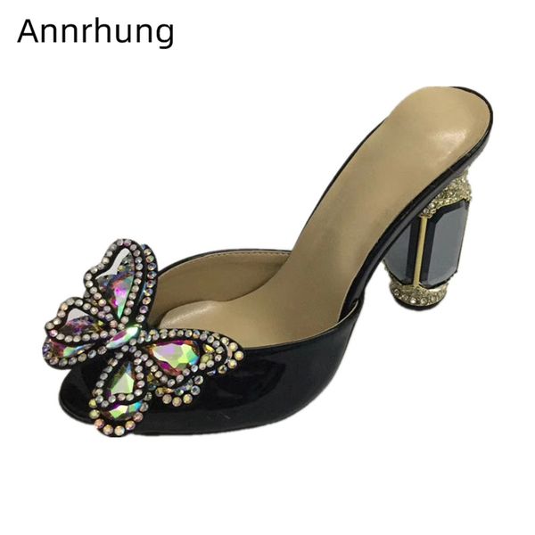 

crystal butterfly-flower party shoes woman jeweled diamond high heels bright patent leather rhinestone women slippers, Black
