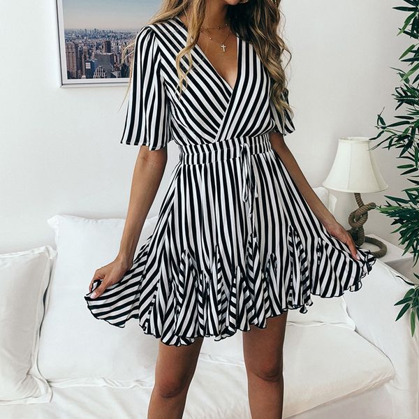 

women casual dresses deep v-neck short sleeve striped wrap ruffle hem pleated mini dress with belt new, Black;gray