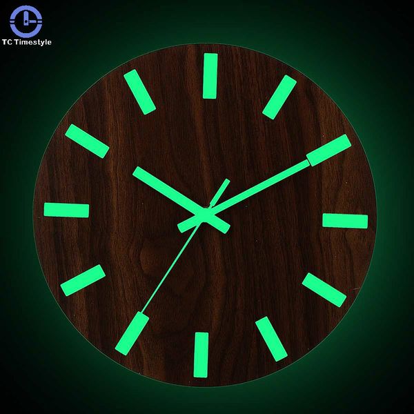 Digitale Zahlenwanduhr 3D leuchtende stille einfache Quarz-Hängeuhren Holz minimalistische Uhr Home Decor Glow Dark 12 Zoll Y200109