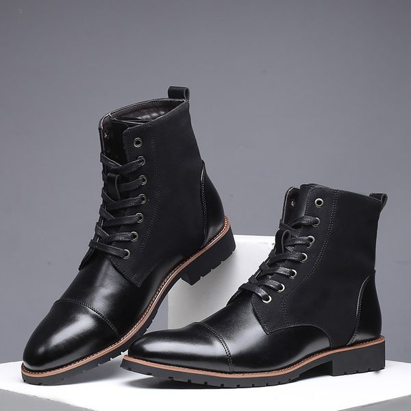 

large size 45-48 fashion ankle boots men wedges non slip high boots for gentleman lace up pu pointe shoes man, Black