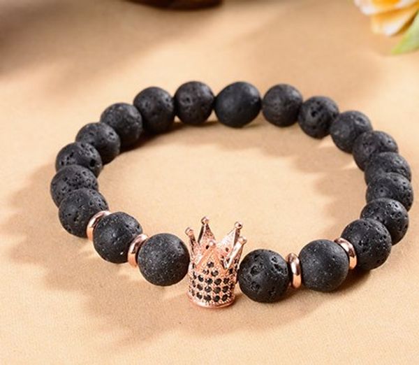 

8mm olo5 gold silver elastic adjusted nature black stone volcanic lava micro pave cz zircon cubic zirconia crown bracelet