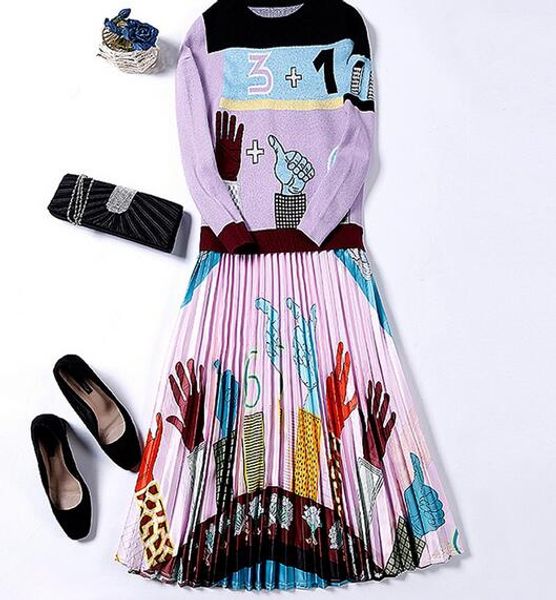 

european and american high-quality catwalk sweater + pleated skirt fashion temperament suit, White